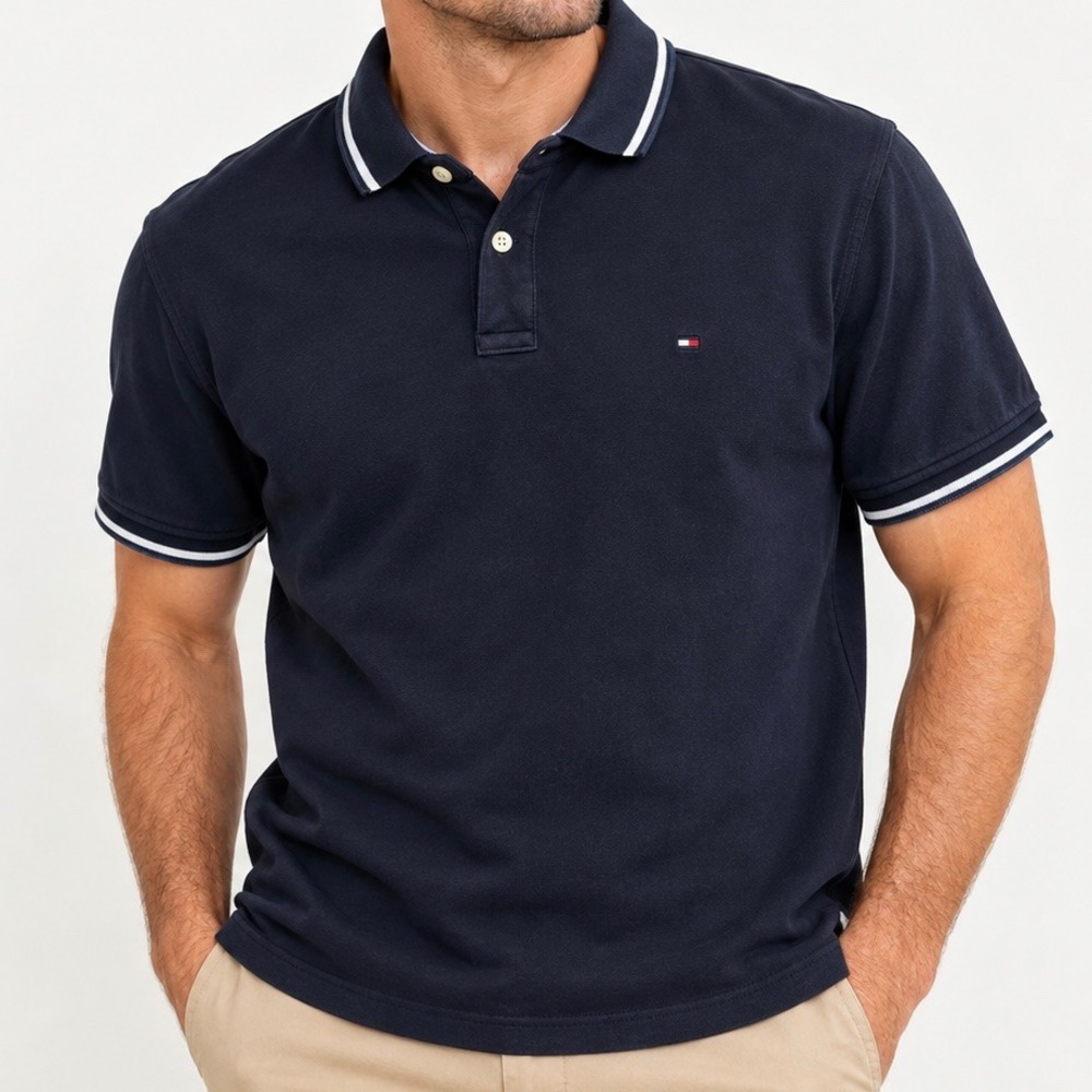 Tommy Hilfiger Mens Navy Blue Tipped Cotton Short Sleeve Polo Shirt Large